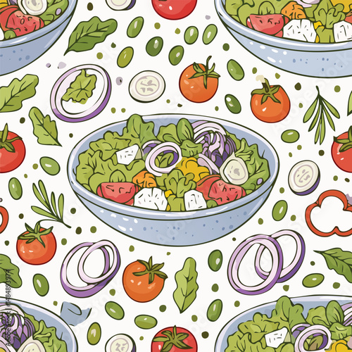 Greek Salad Vector Illustration with Seamless Pattern Design