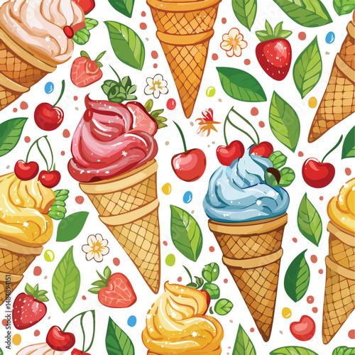 Ice Cream Sundae Vector Illustration with Seamless Pattern Design