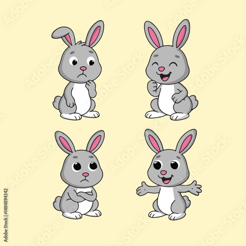 Animal Cute Cartoon Rabbit with Different Emotions