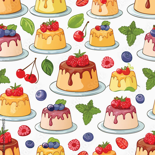 Panna Cotta Vector Illustration with Seamless Pattern Design