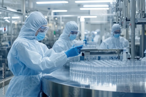 Pharmaceutical researchers working in sterile production facility