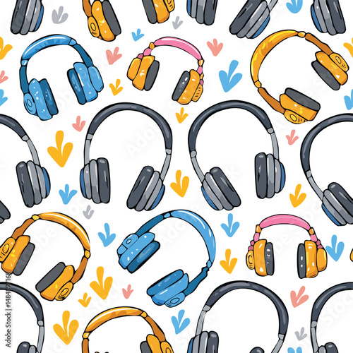 headphones Vector Illustration with Seamless Pattern Design