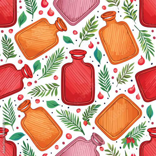 hot water bottle Vector Illustration with Seamless Pattern Design