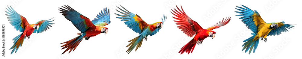 Fototapeta premium PNG Colorful parrots in flight, element set on transparent background