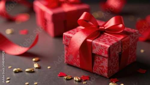 Elegant red ribbon tied gift boxes, gold accents, graphic, vintage, vector