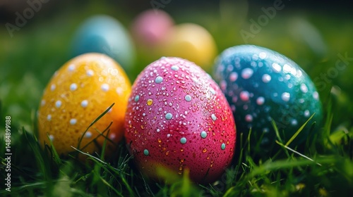 Colorful easter eggs with polka dots in grass with dew drops