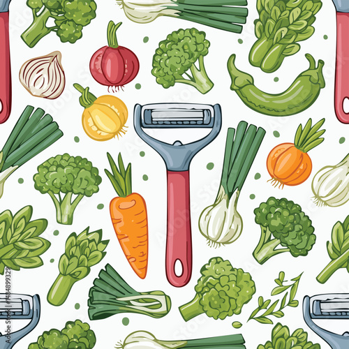 Vegetable peeler Vector Illustration with Seamless Pattern Design