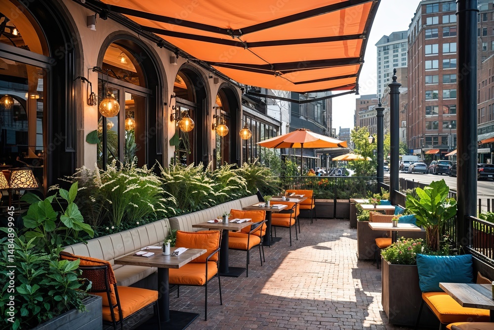 Obraz premium Stylish Outdoor Dining Area of Trendy Restaurant with Chic Awning and Lush Greenery in Busy Urban Environment