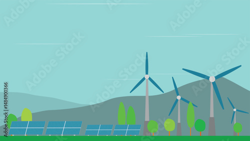 Wind turbines and Solar panel in the green landscape under the blue sky
