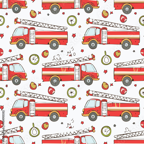 Fire truck Vector Illustration with Seamless Pattern Design