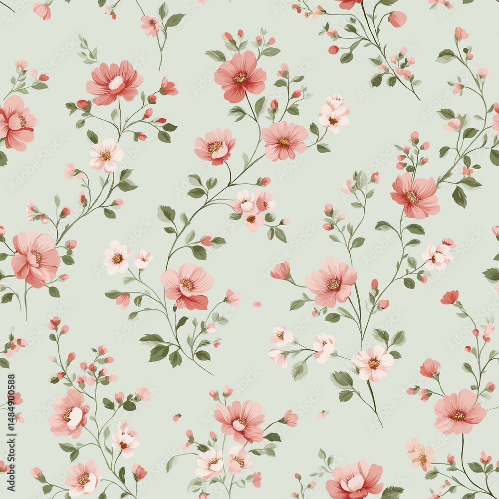 Fototapeta A beautiful floral pattern featuring delicate pink flowers on a soft gray background, perfect for design projects.