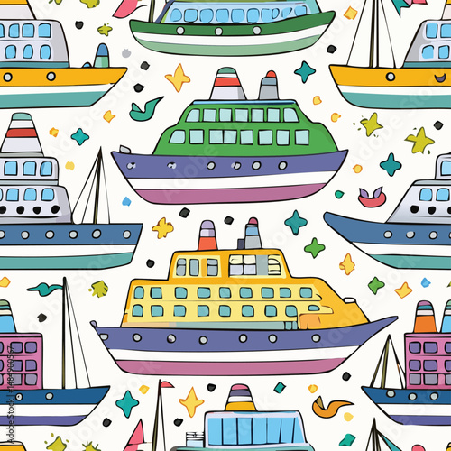 Ferry Vector Illustration with Seamless Pattern Design