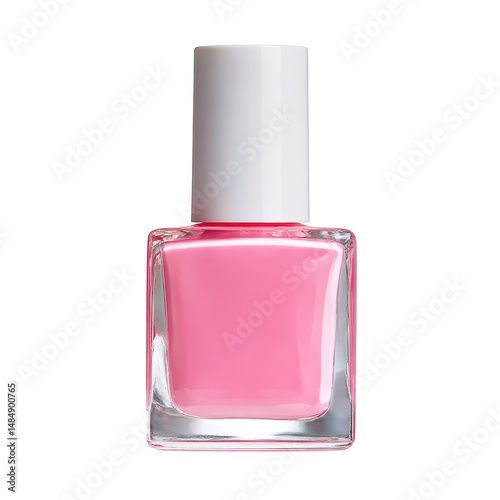 Pink nail polish in a clear bottle with a white cap on transparent background