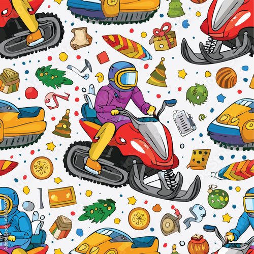 Snowmobile Vector Illustration with Seamless Pattern Design