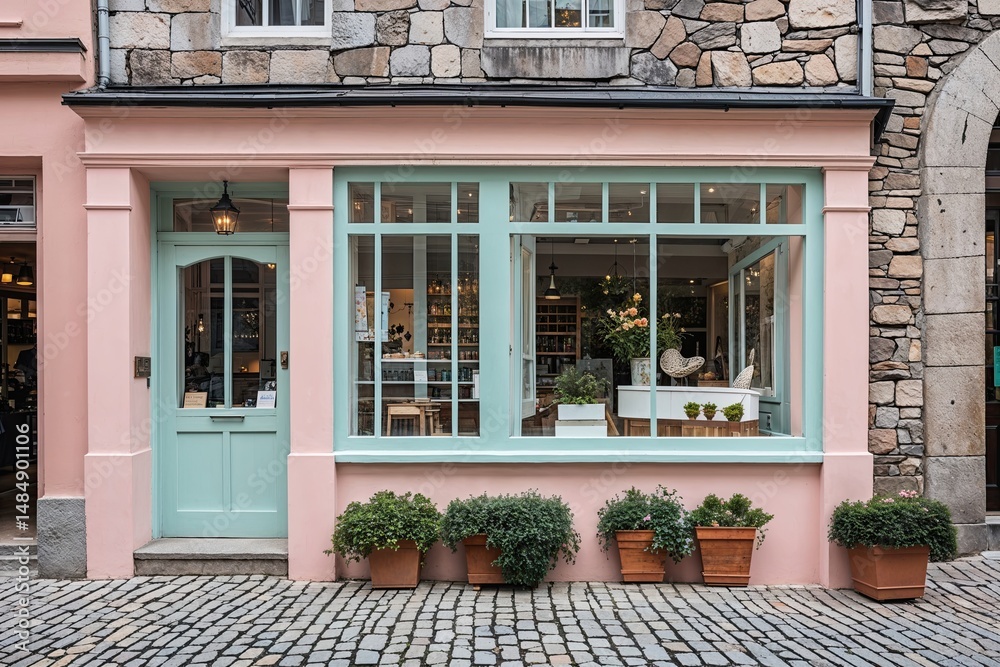 Fototapeta premium Charming Urban Architecture Soft Pastel Storefront Next to Quaint Cobblestone Wall in Downtown Area