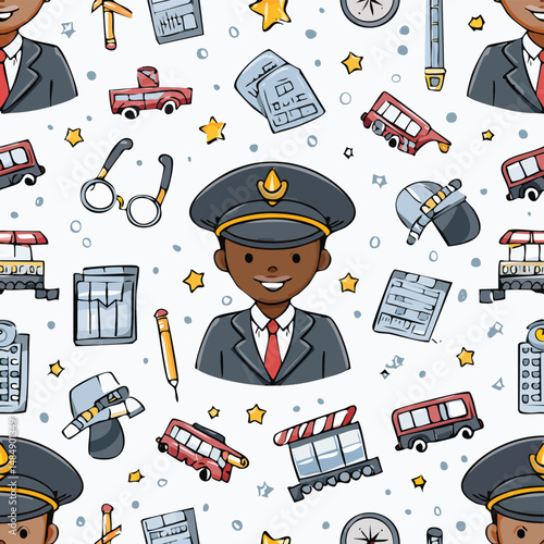 Train conductor Vector Illustration with Seamless Pattern Design