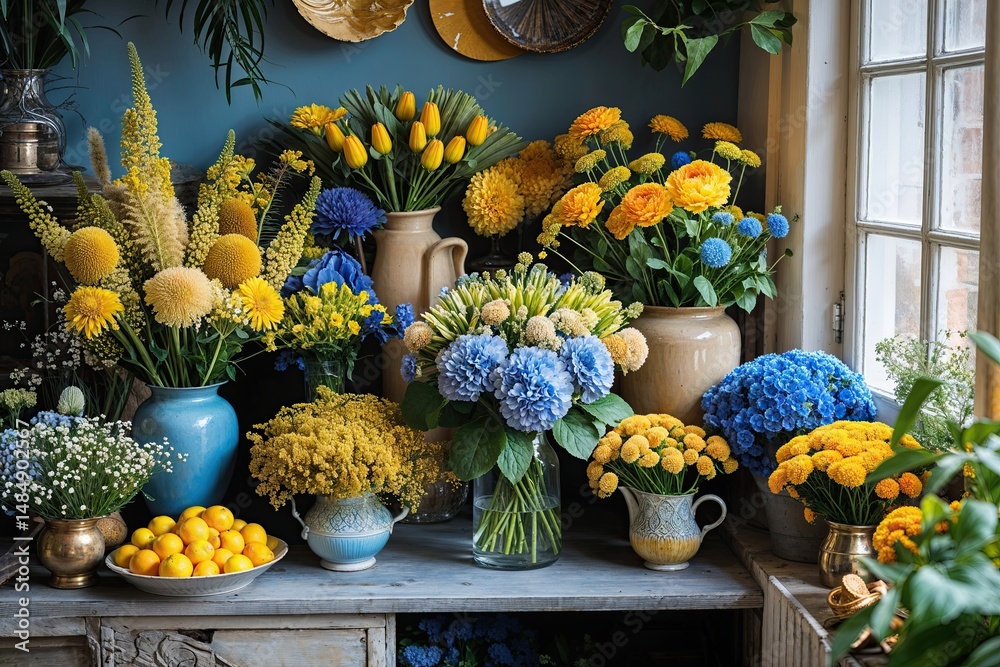 Fototapeta premium Vibrant Flower Corner with Fresh Bouquets in Gold and Sky Blue for Eclectic Gardens