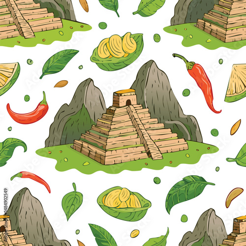 Machu Picchu, Cusco Region, Peru Vector Illustration with Seamless Pattern Design