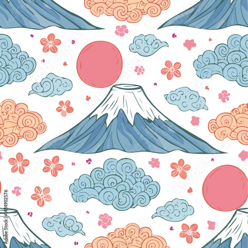 Mount Fuji, Honshu, Japan Vector Illustration with Seamless Pattern Design
