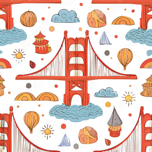 Golden Gate Bridge, San Francisco, USA Vector Illustration with Seamless Pattern Design