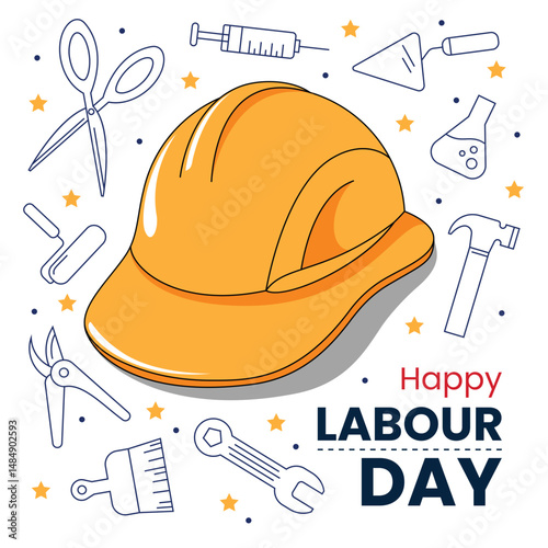 Flat design Labour Day poster with hand tools and yellow constructor hard hat, decorated with stars and dots.