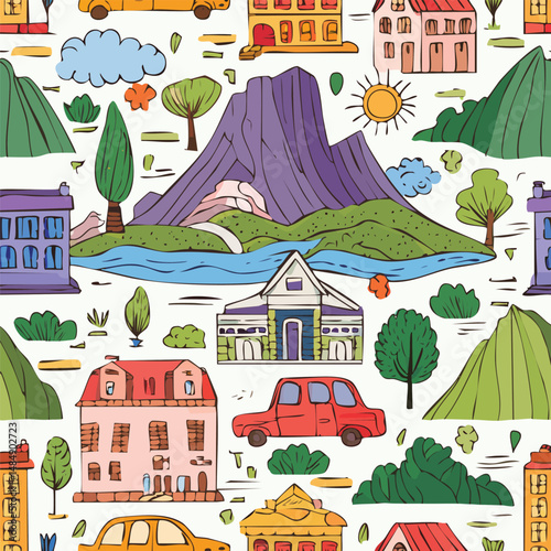 Table Mountain, Cape Town, South Africa Vector Illustration with Seamless Pattern Design