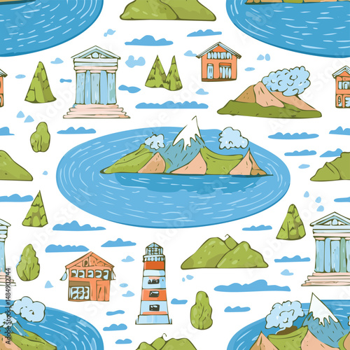 Blue Lagoon, Grindavik, Iceland Vector Illustration with Seamless Pattern Design