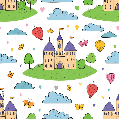 Edinburgh Castle, Edinburgh, Scotland Vector Illustration with Seamless Pattern Design