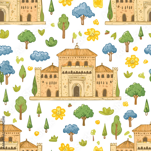 Alhambra, Granada, Spain Vector Illustration with Seamless Pattern Design