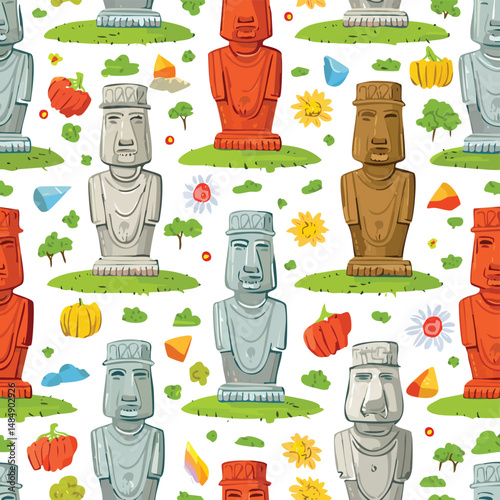 Moai Statues, Easter Island, Chile Vector Illustration with Seamless Pattern Design
