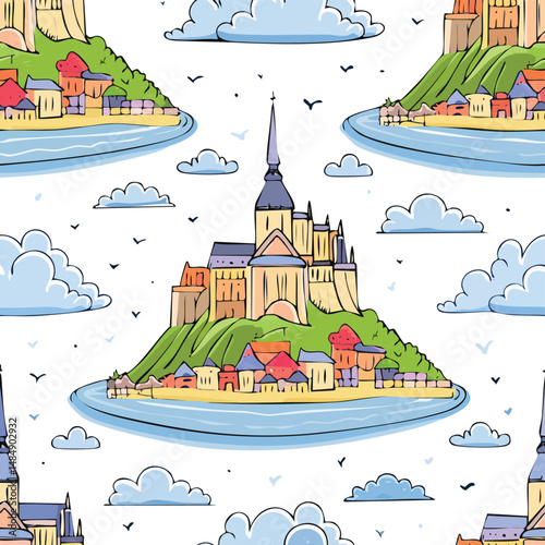 Mont Saint-Michel, Normandy, France Vector Illustration with Seamless Pattern Design