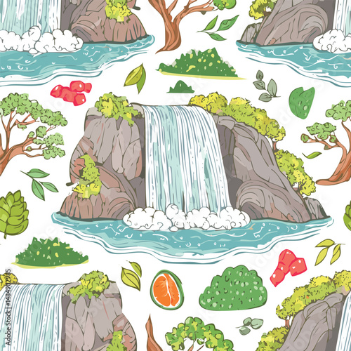 Victoria Falls, Livingstone, Zambia/Zimbabwe Vector Illustration with Seamless Pattern Design