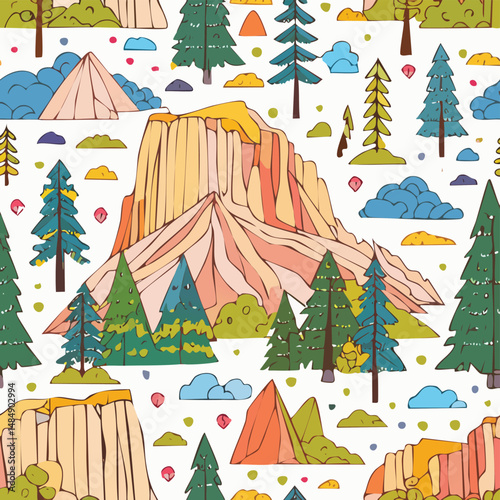 Yosemite National Park, California, USA  Vector Illustration with Seamless Pattern Design
