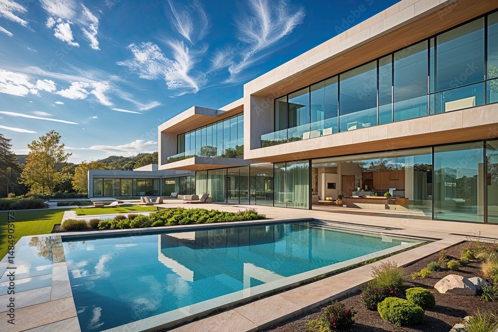 Fototapeta premium Stunning Modern Architecture Surrounded by Lush Gardens and Expansive Glass Facades Under a Vibrant Sky