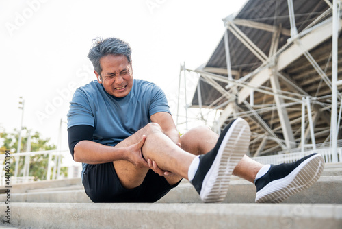 Mature man tired and leg pain during jogging at sport stadium. Runner has sore knees because he has been running for too long. Exercising until the injury. Training athlete work out at outdoor.