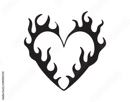 burning heart silhouette. Fire around the heart shape tattoo style. black love symbol isolated on white background.