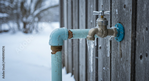 A frigid winter s grasp ice clings to an outdoor faucet a silent warning of frozen pipes on a gray
