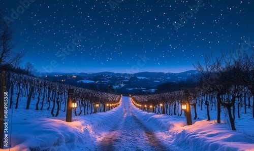 Lantern-lit trail winding through a vineyard blanketed in snow under a star-filled sky, Generative AI