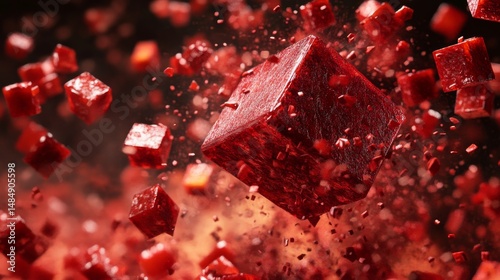A close-up of the interior of the red mystery cube as it breaks down into smaller cubes, surrounded by a mass of crushed grains of red tasseled sorghum mixed together in the air --ar 16:9 --v 6.1 Job  photo