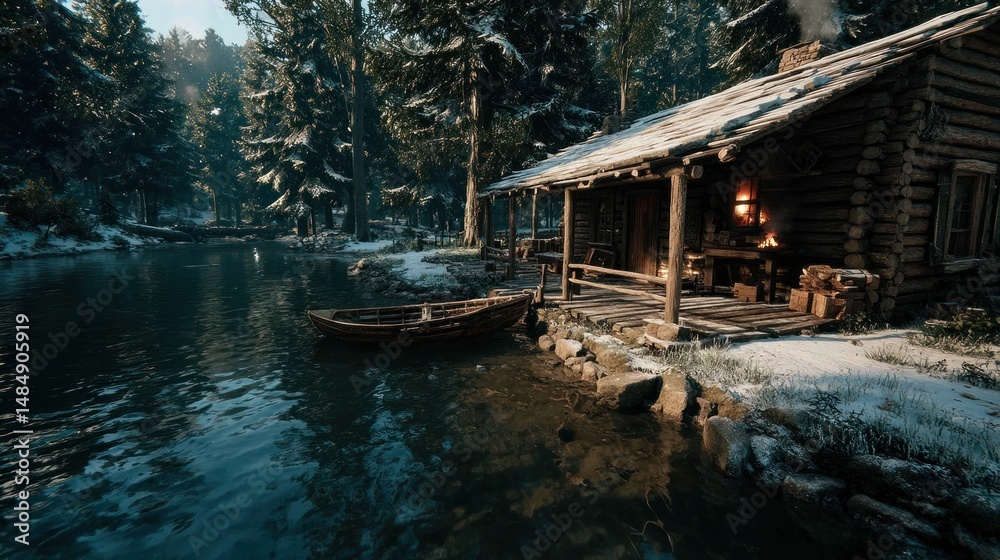Obraz premium Rustic cabin by snowy river