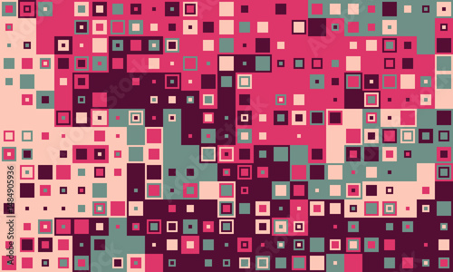 Abstract geometric background featuring a vibrant mosaic of squares in varying shades of pink, maroon, beige, and teal.  Perfect for modern design projects, presentations, or website backgrounds.