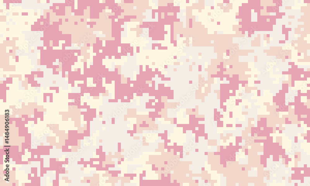 Abstract pixelated camouflage pattern in soft pink and beige tones. Ideal for fashion, textile design, or as a trendy background.  Subtle texture, versatile and stylish.