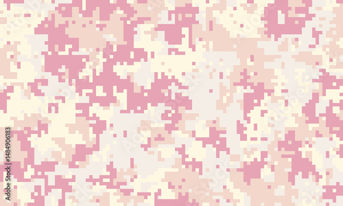 Abstract pixelated camouflage pattern in soft pink and beige tones. Ideal for fashion, textile design, or as a trendy background.  Subtle texture, versatile and stylish.