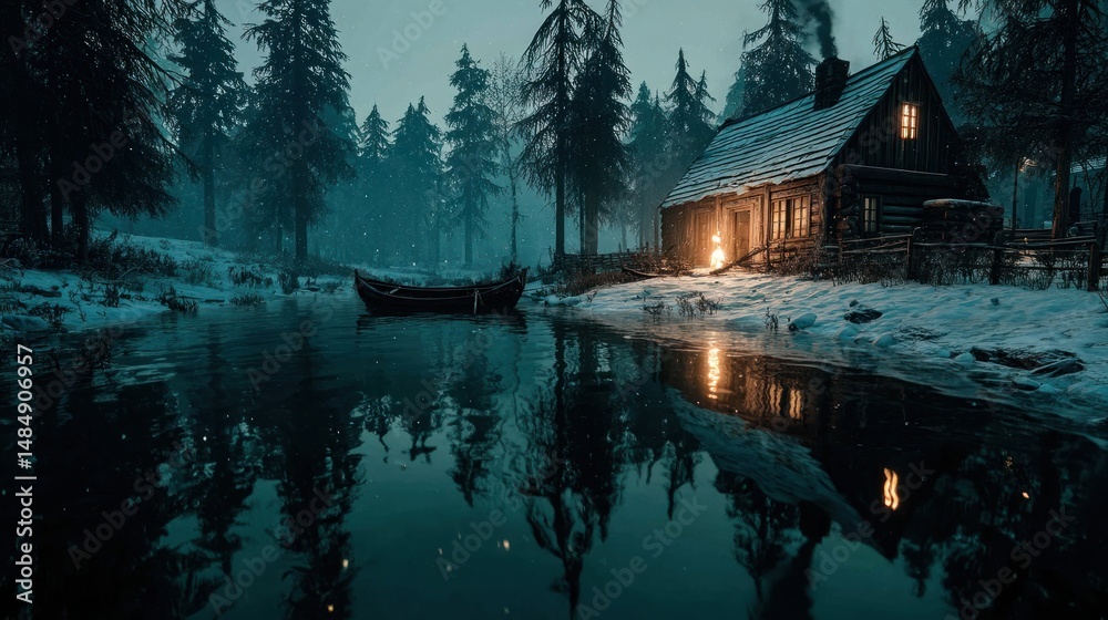 Obraz premium Cozy cabin in snowy forest landscape