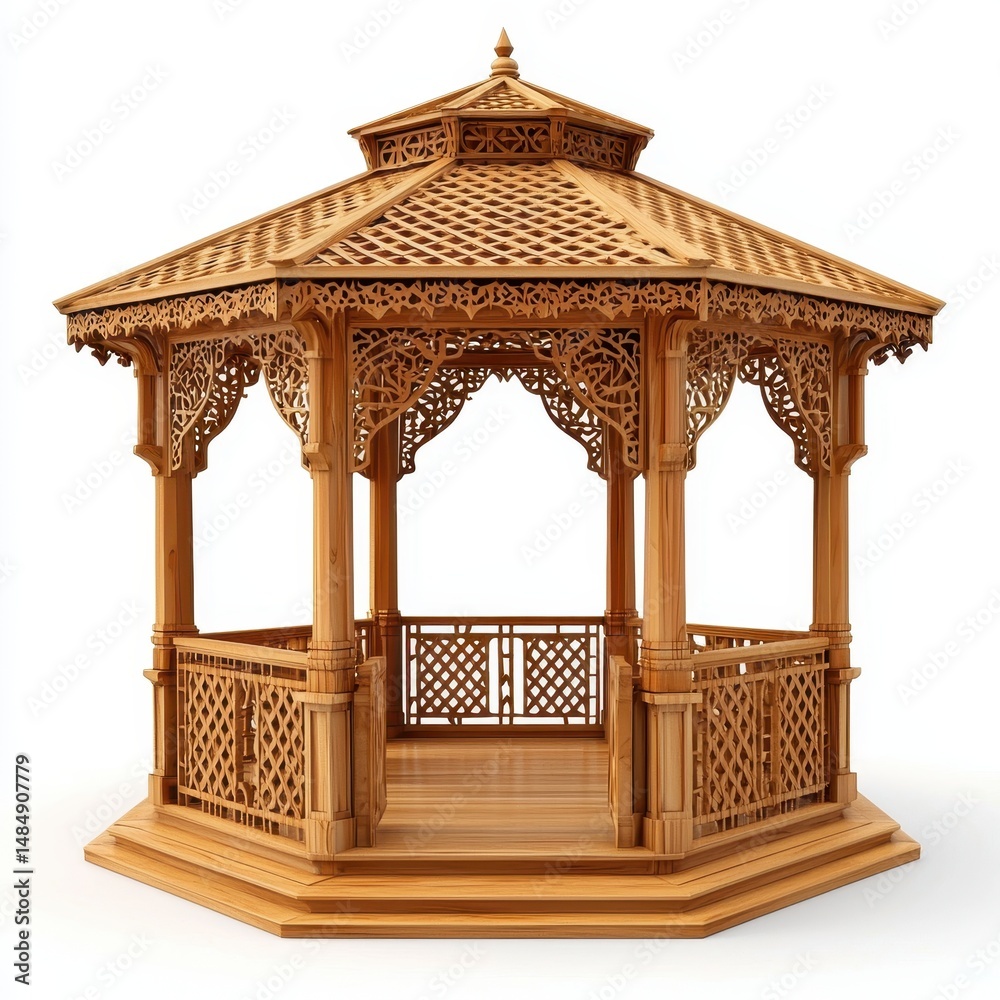 Fototapeta premium Wooden gazebo with intricate carvings, isolated on white background