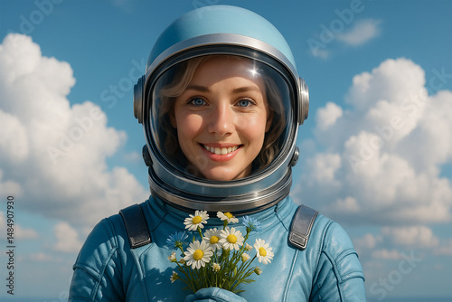 Smiling female astronaut in blue retro suit with wildflowers under sky with white clouds, photoreal portrait