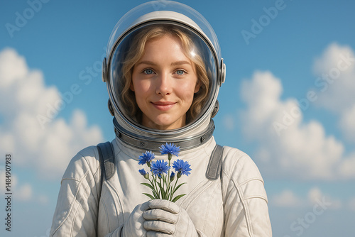 Smiling female astronaut with blue flowers in white suit under blue sky with clouds, photorealistic portrait