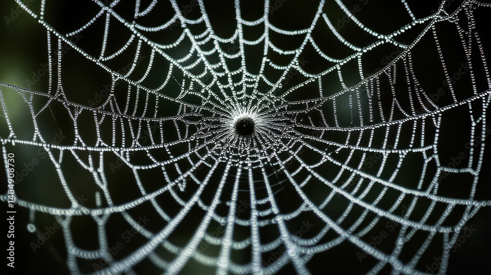 Obraz premium Close-up view of a dewy spider web glistening in sunlight with blurred greenery background