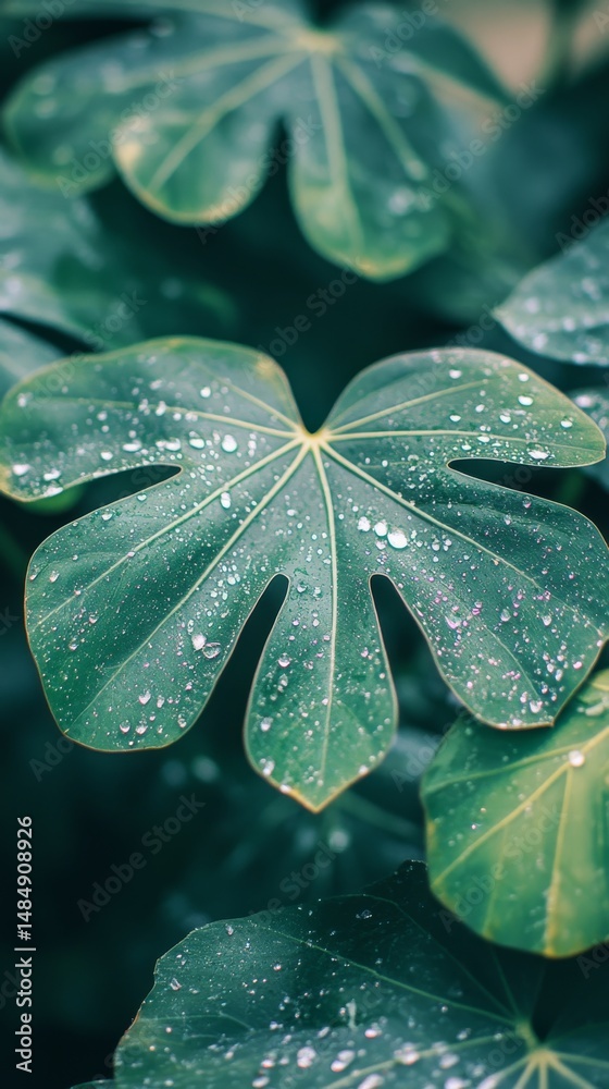 Obraz premium Closeup of a tropical leaf with dew drops. Nature, rainforest, tropical, plant