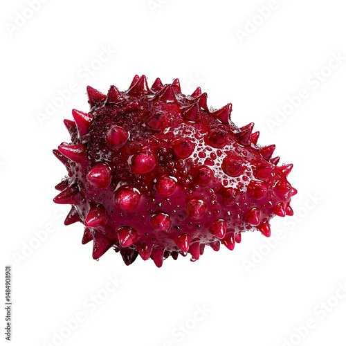 Close-up of a Wet, Red Kiwano Melon with Water Droplets photo